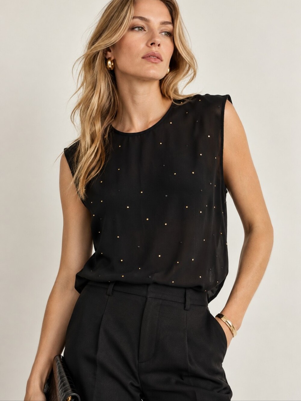 St. John Black Rhinestone Embellished Blouse Top Size 6 Quiet Luxury Evening